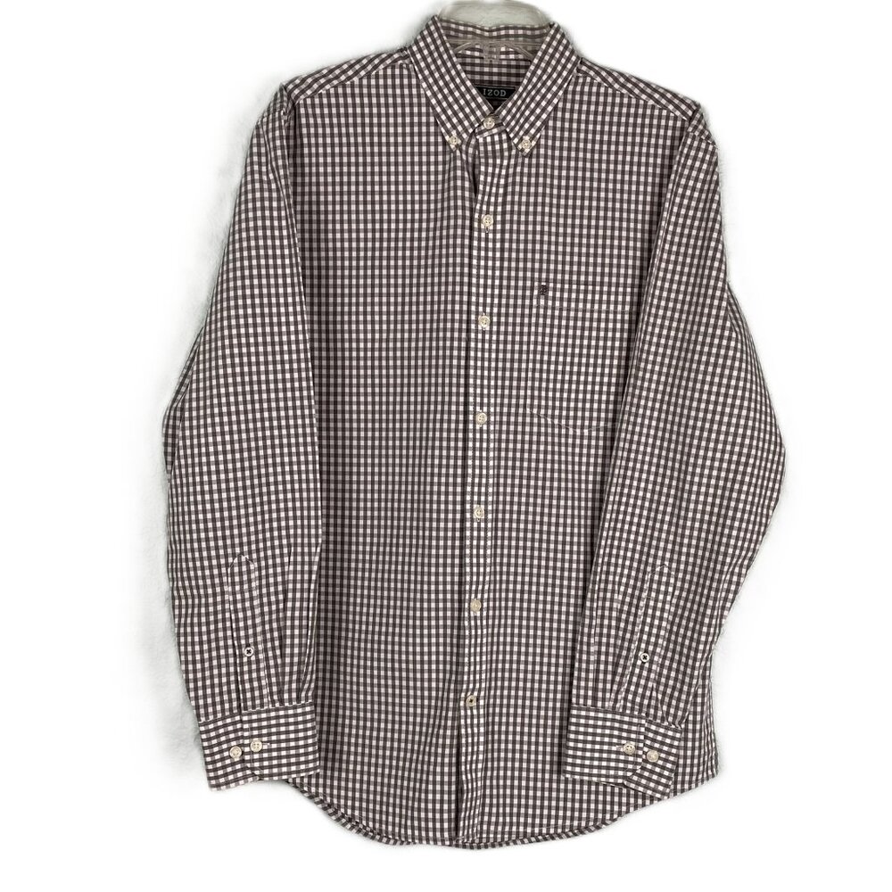 Izod Men’s Button-Down Shirt Size S/P Long Sleeve Brown Check on White